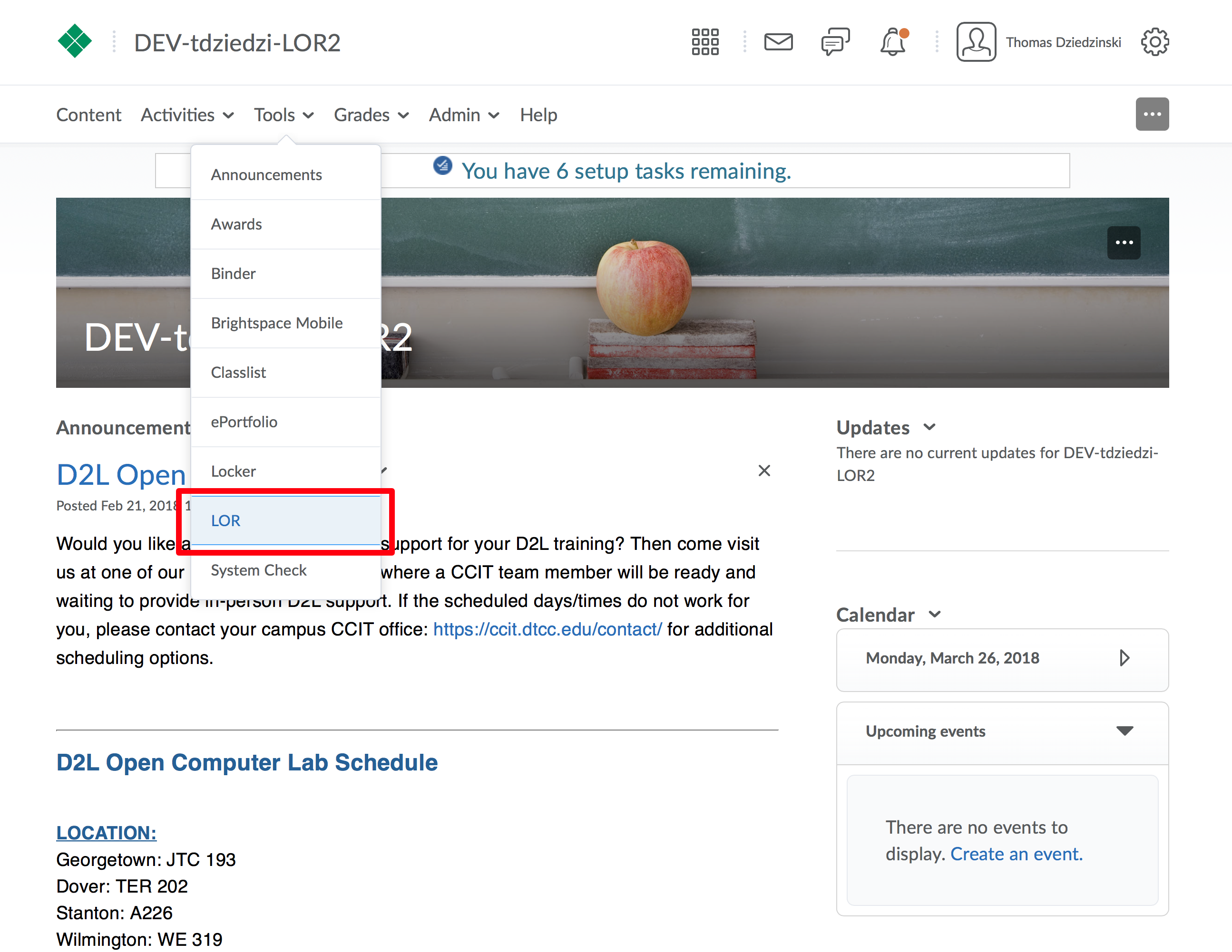 screenshot of Tools menu with LOR highlighted