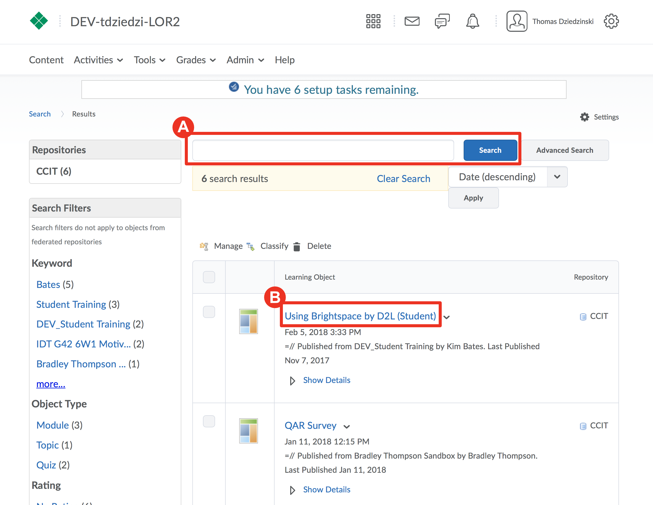screenshot of LOR search results