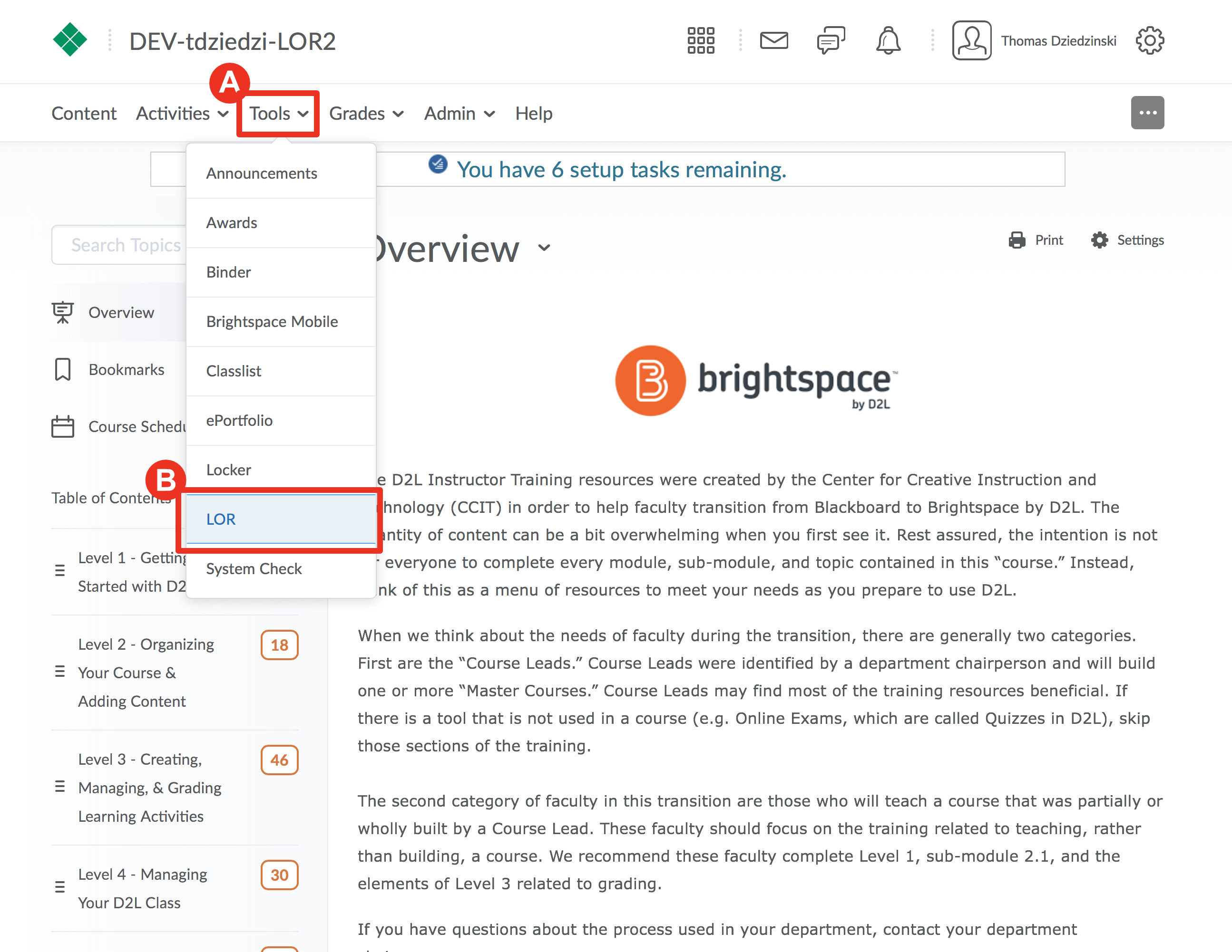 screenshot of Navbar with Tools menu and LOR highlighted