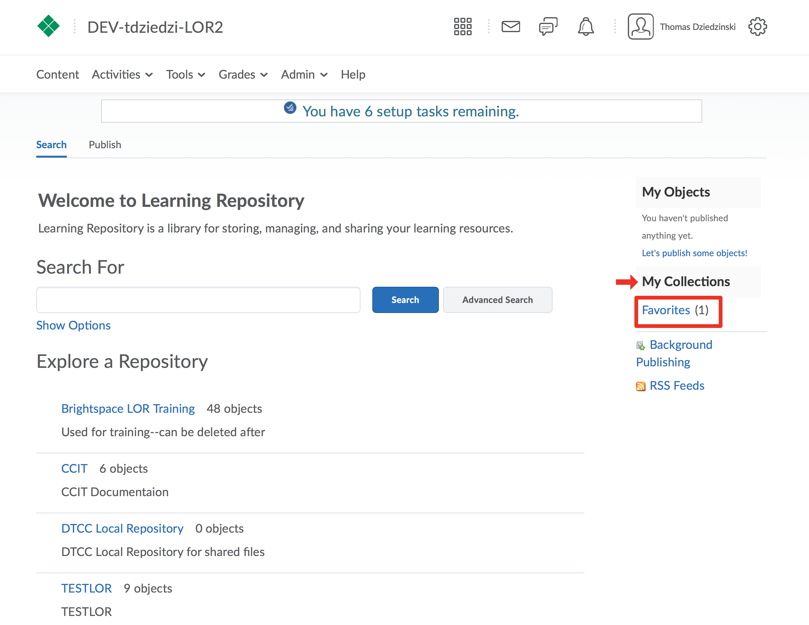 screenshot of LOR homepage highlighting My Collections section on right