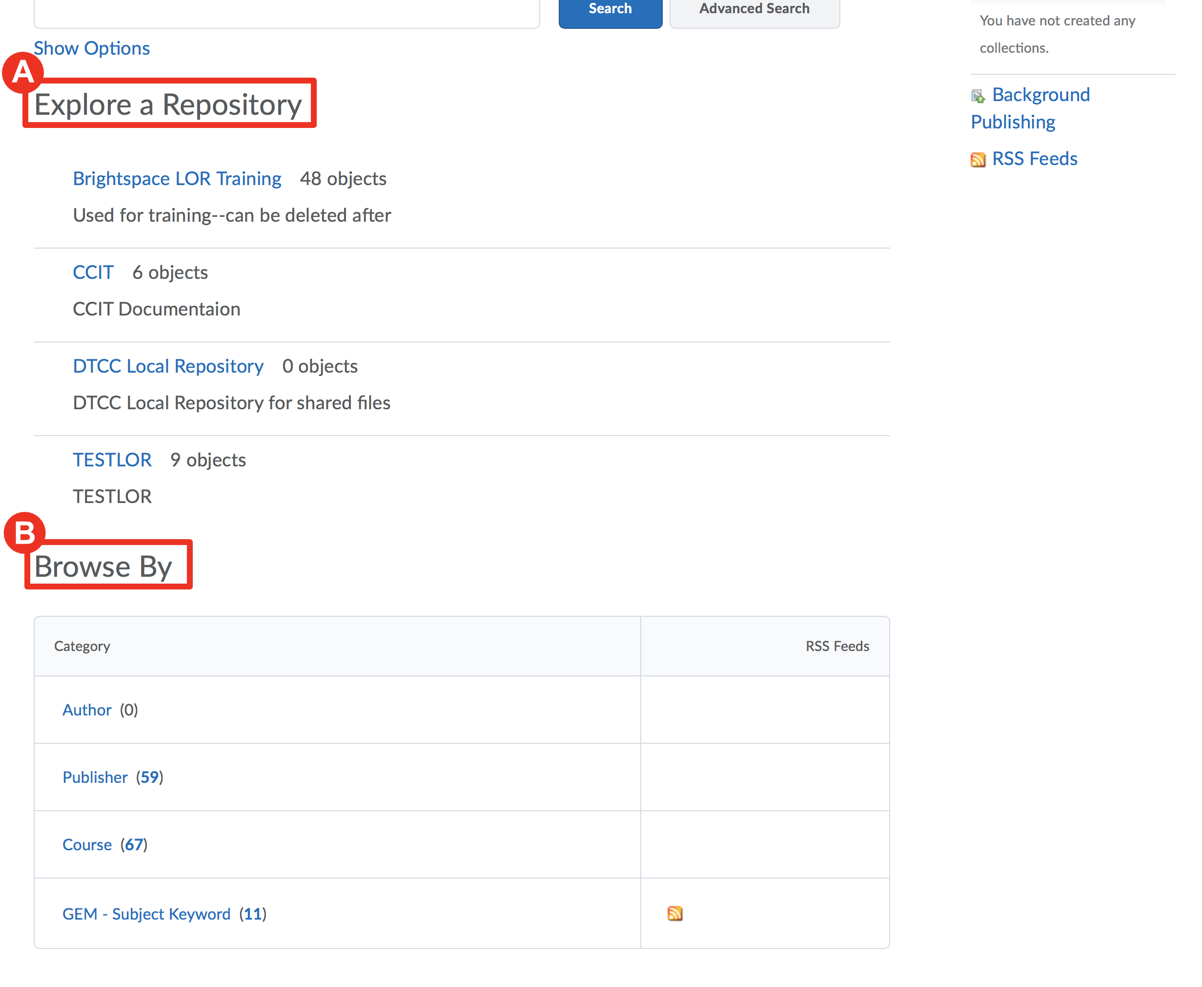 Screenshot showing the main page of LOR and pointing out browsing by subject or repository