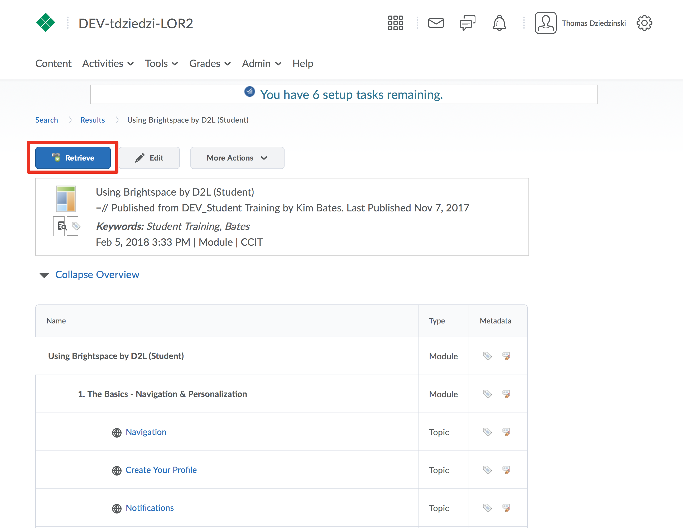 learning object details page with retrieve button highlighted