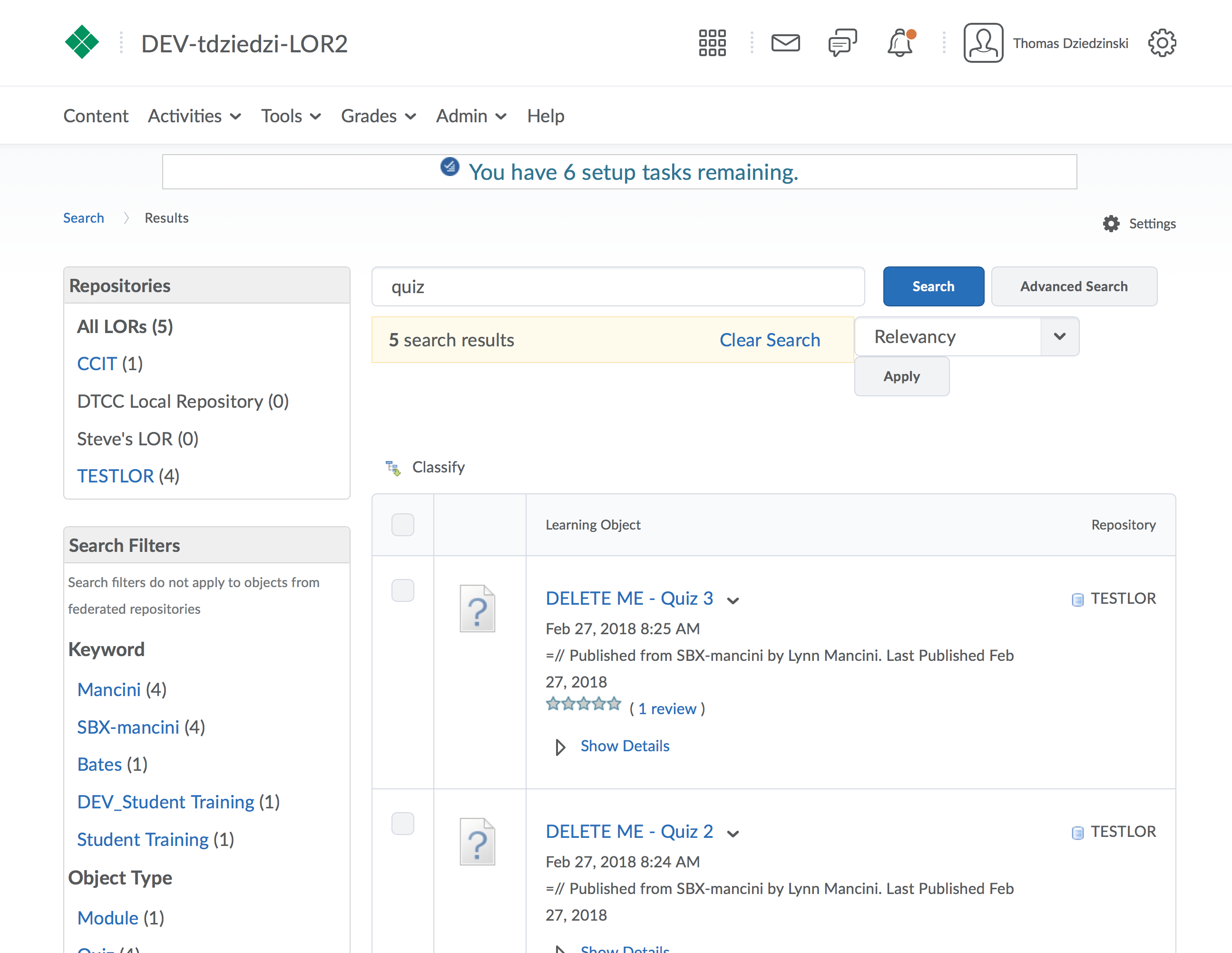 Screenshot of search results in LOR