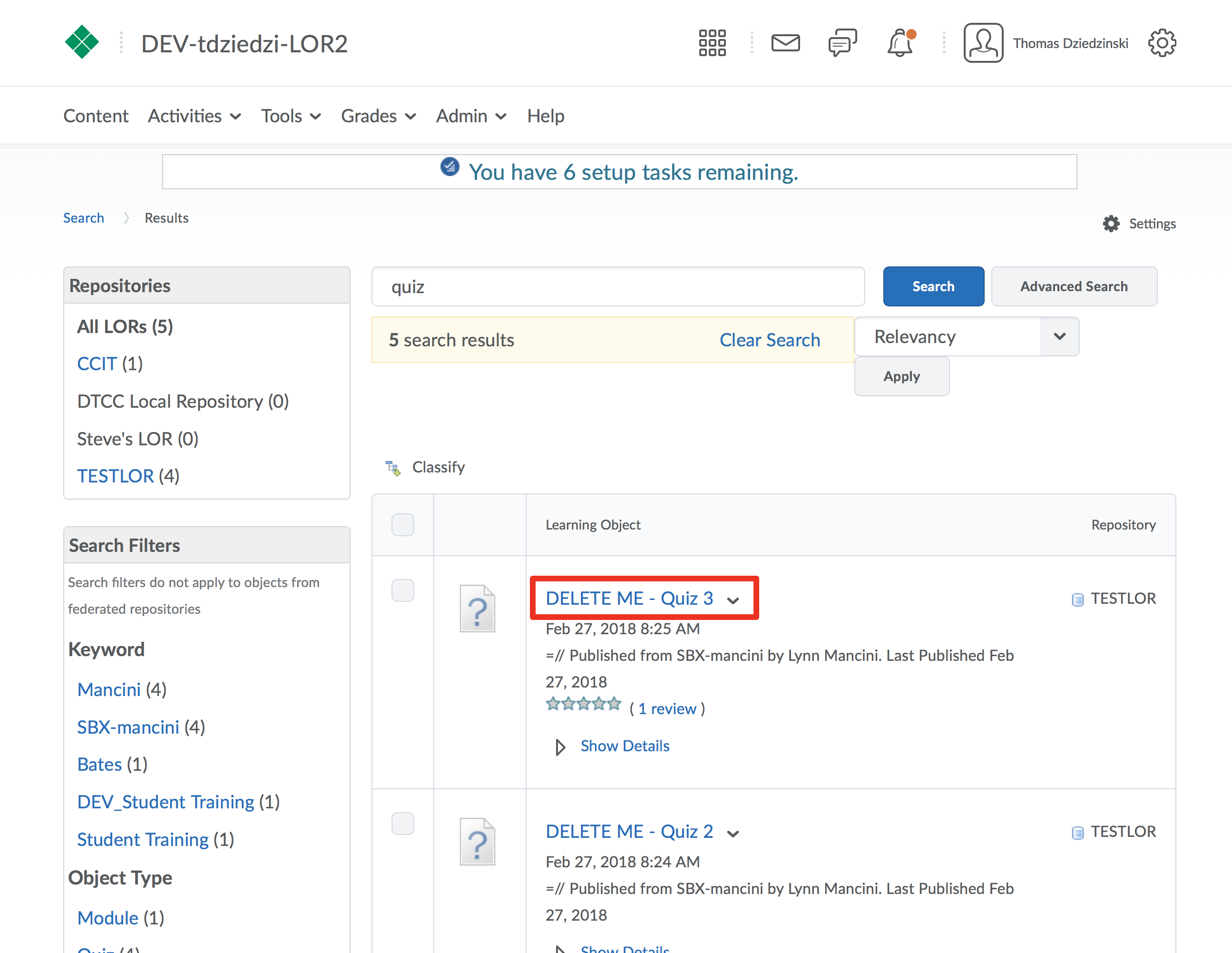 Screenshot highlighting a clickable title of a learning object
