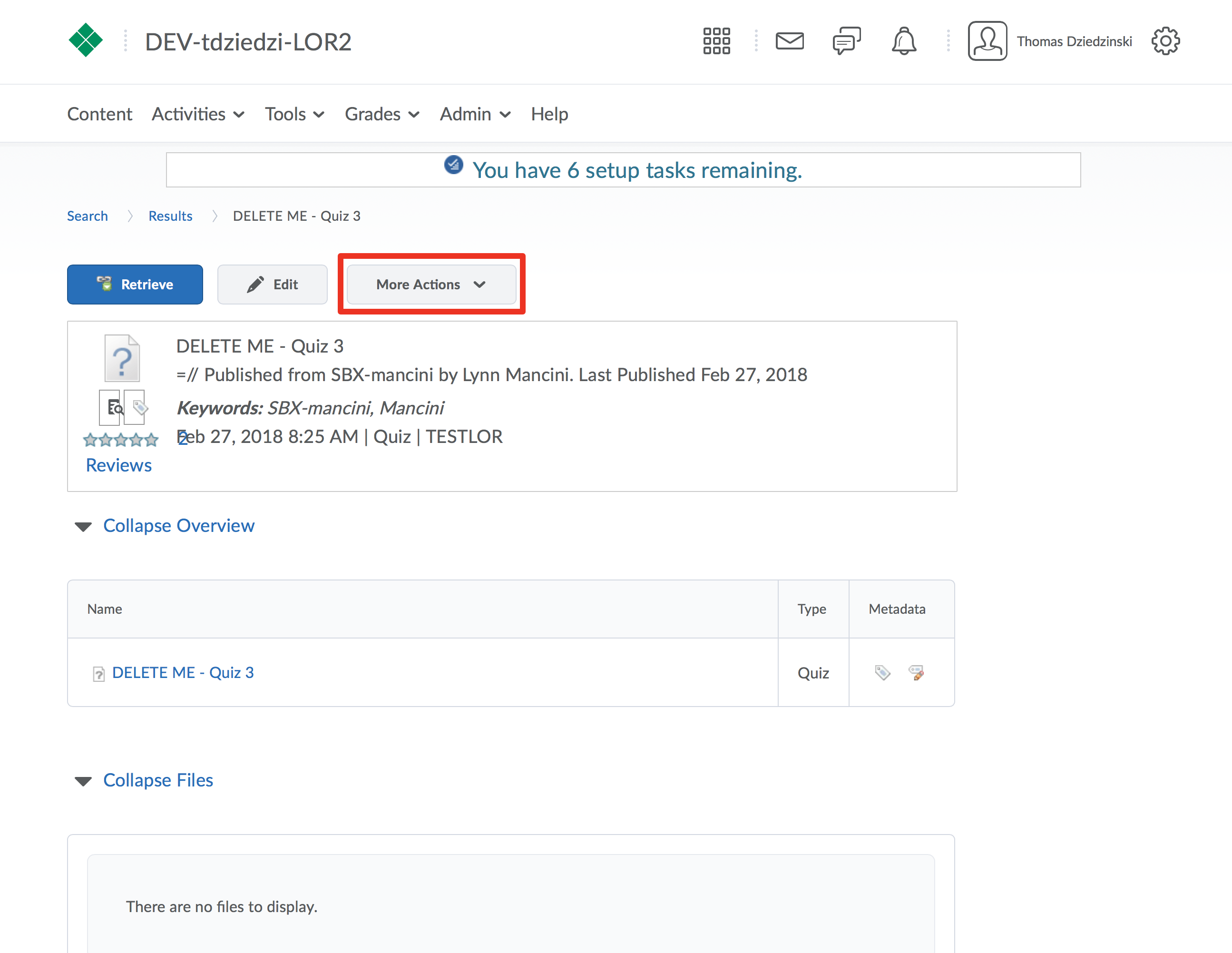 Screenshot of the details page for a learning object, More Actions button is highlighted