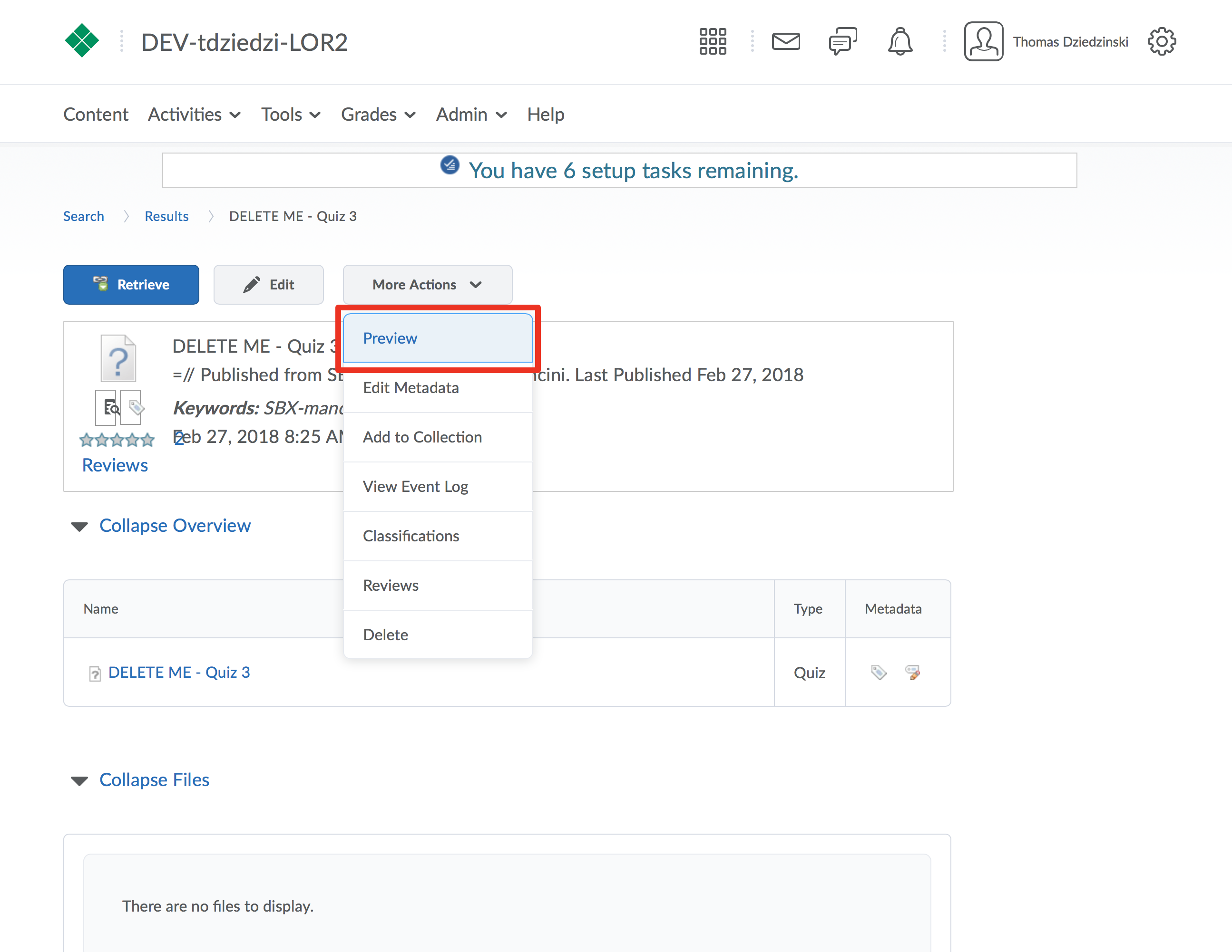 Screenshot of details page for learning object, Preview option in More Actions button highlighted