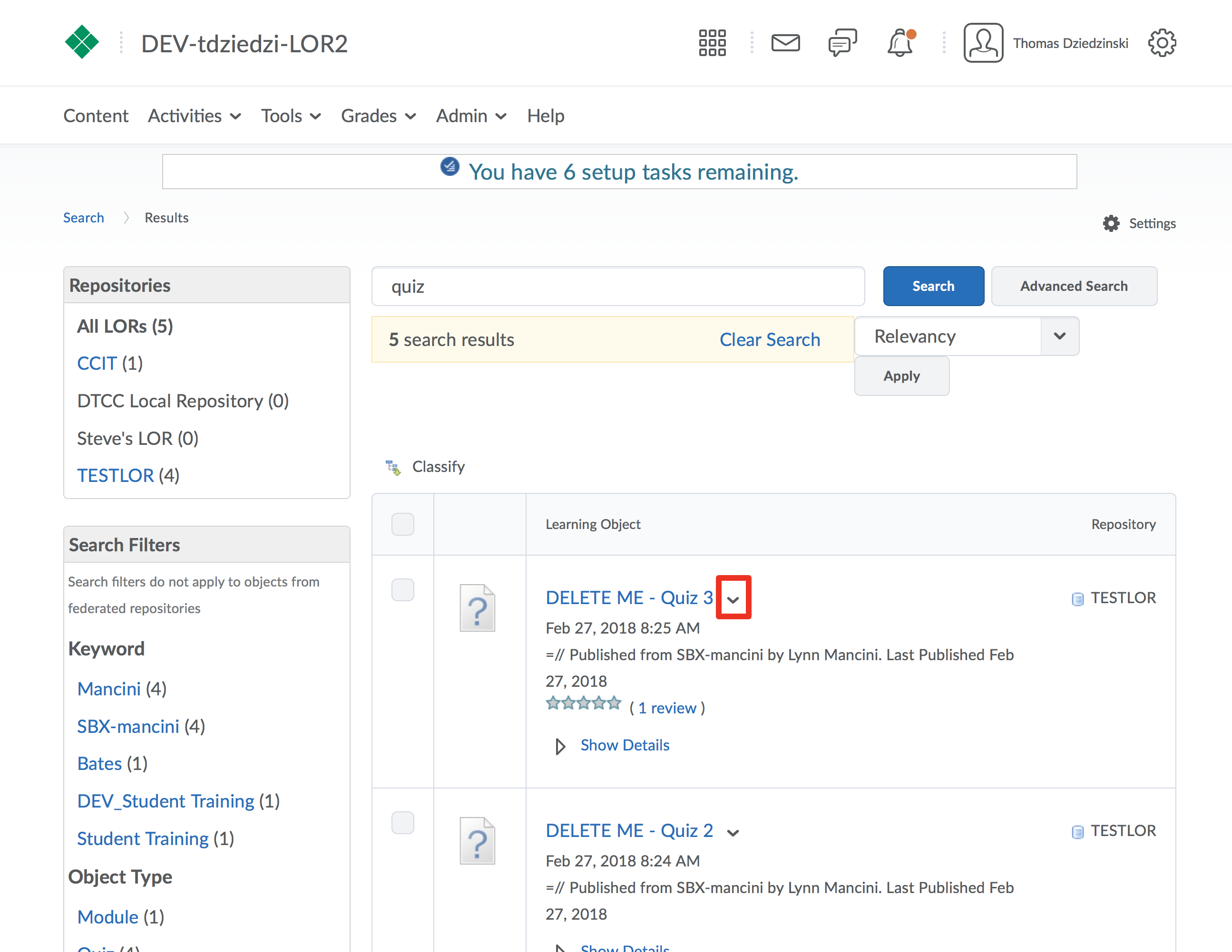 Screenshot of a listing of learning objects in LOR, Action button highlighted