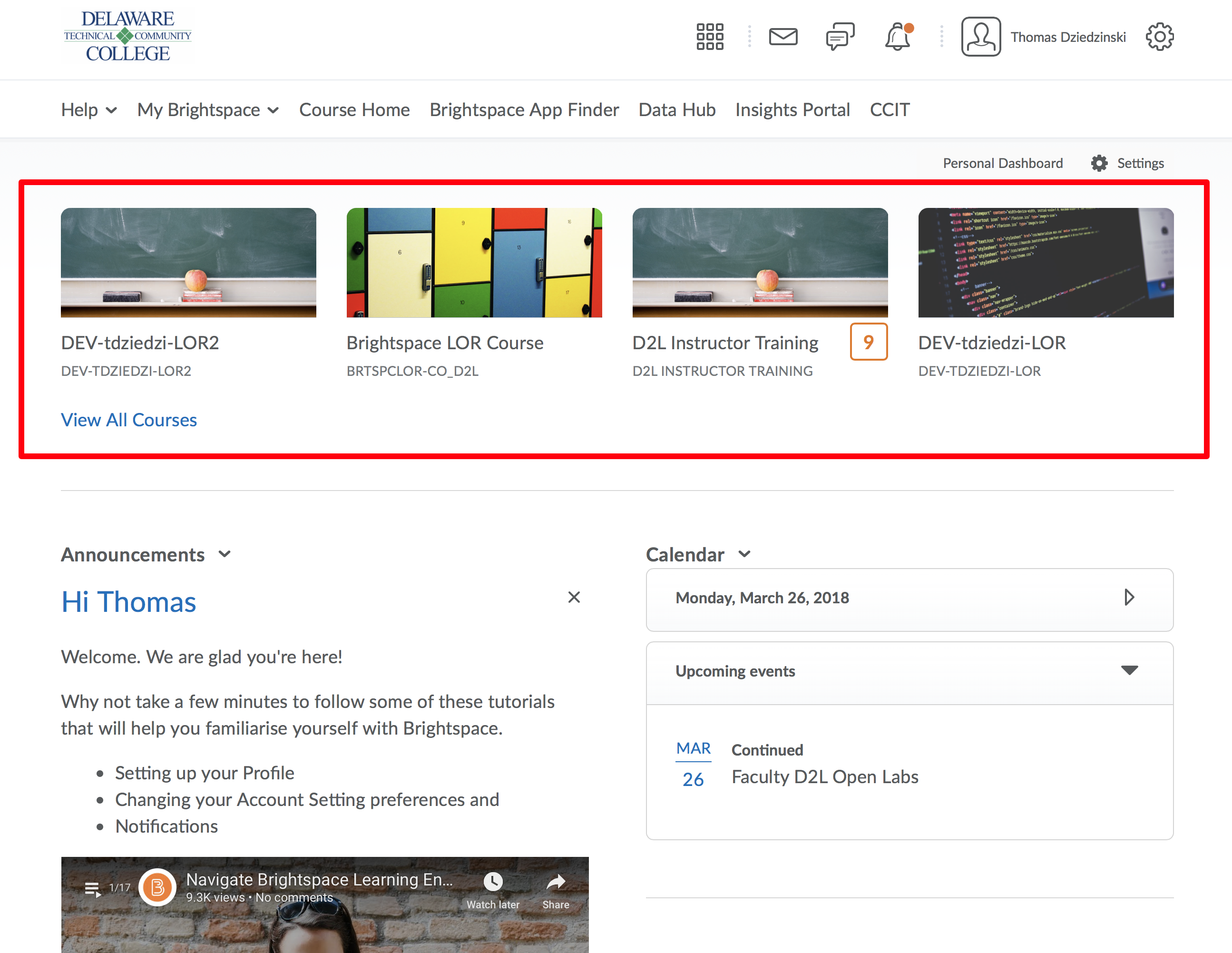 Screenshot of the Brightspace Dashboard, highlighting accessible courses