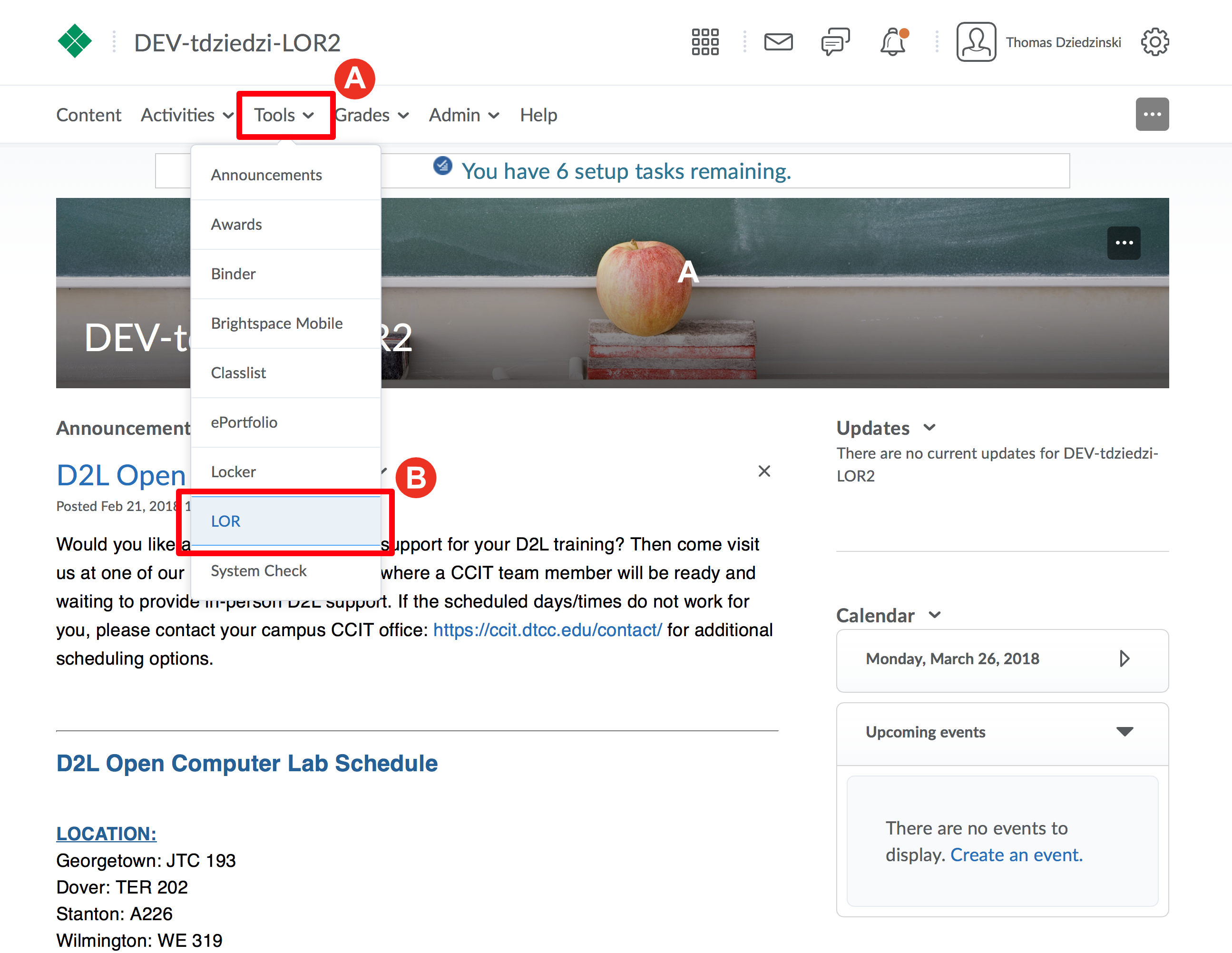 Screenshot highlighting the LOR item on the Tools menu in the Navbar