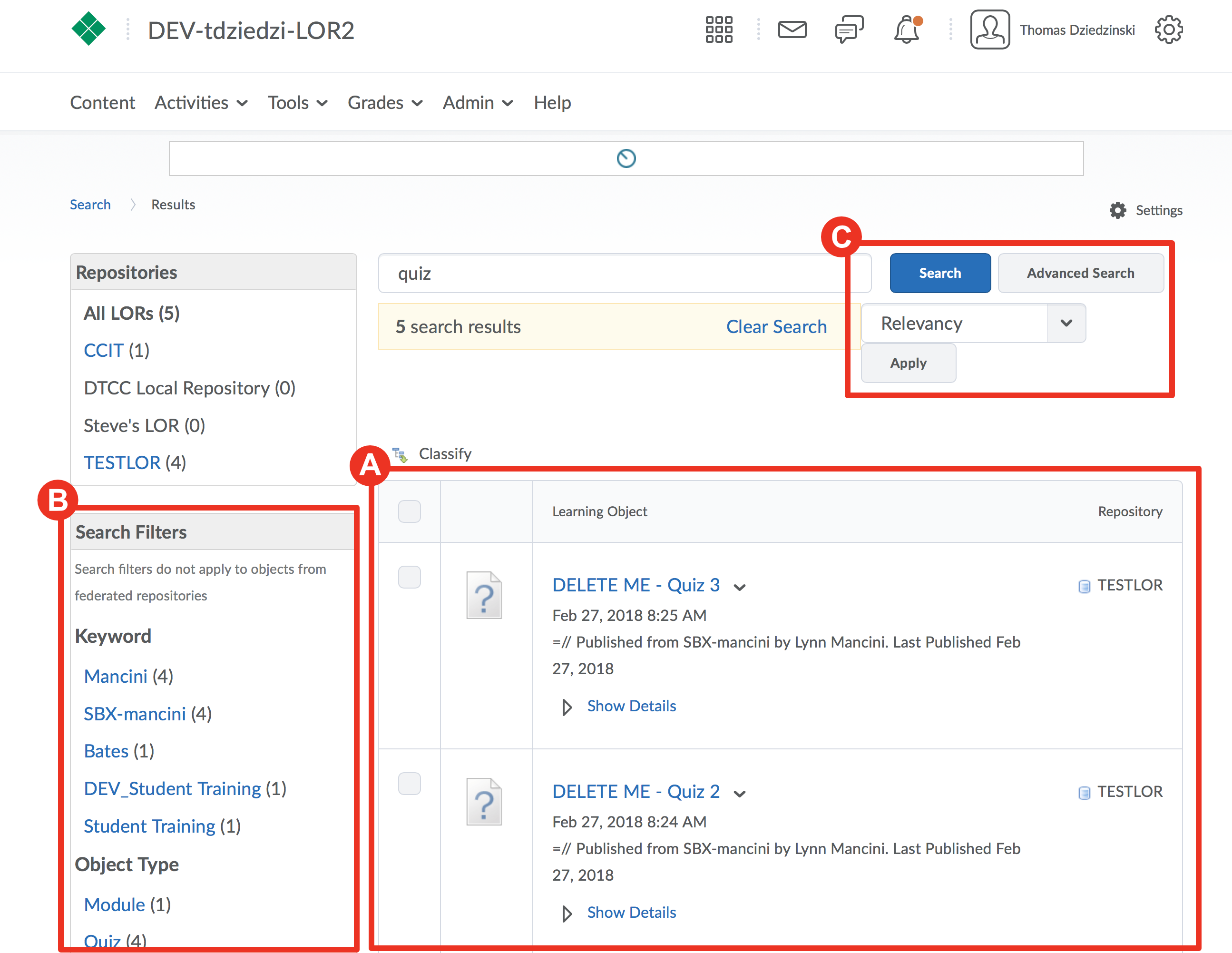 Screenshot depicting search results in the LOR, highlighting filtering and sorting options