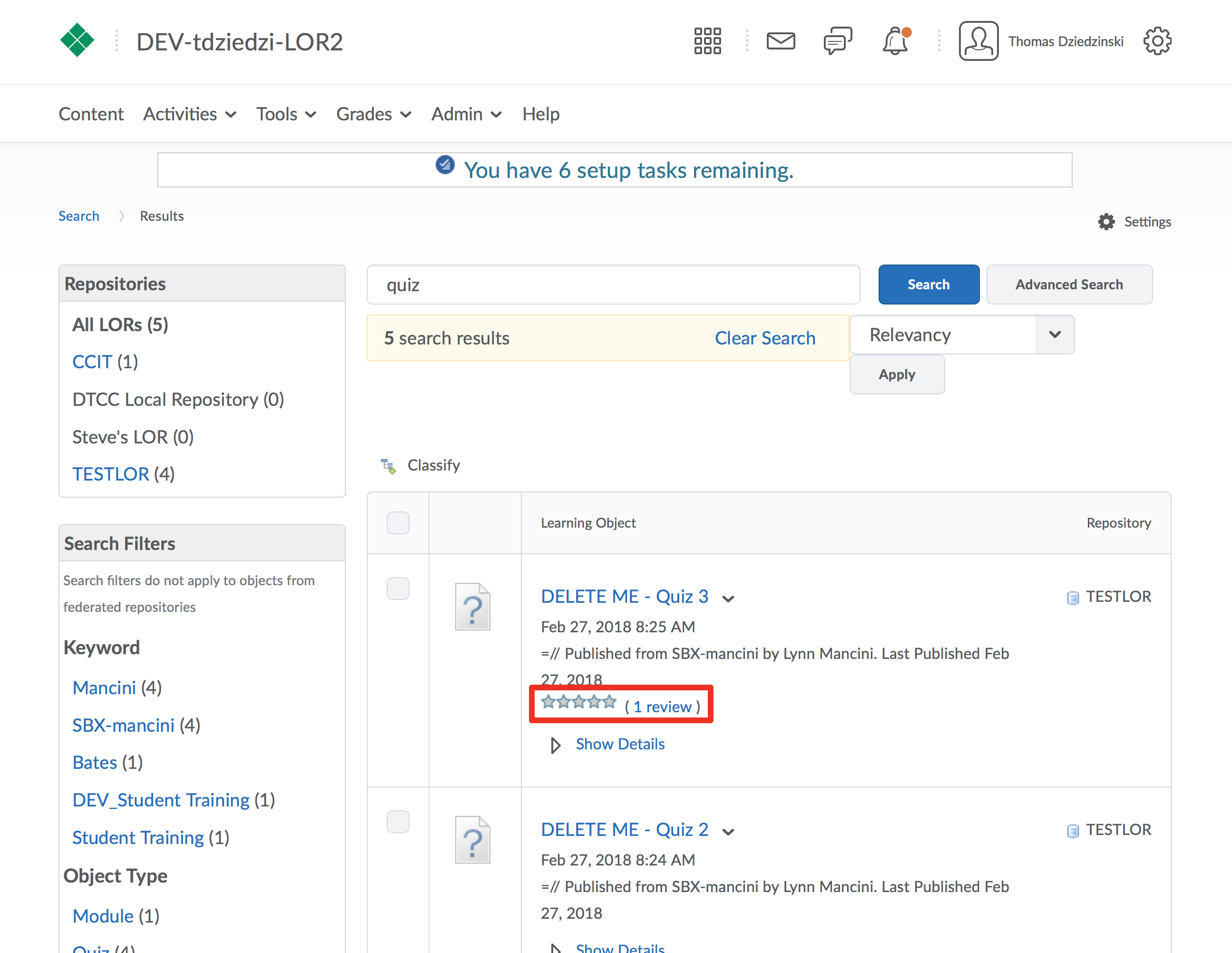 Screenshot depicting LOR search results, highlighting a star rating that was left for a learning object