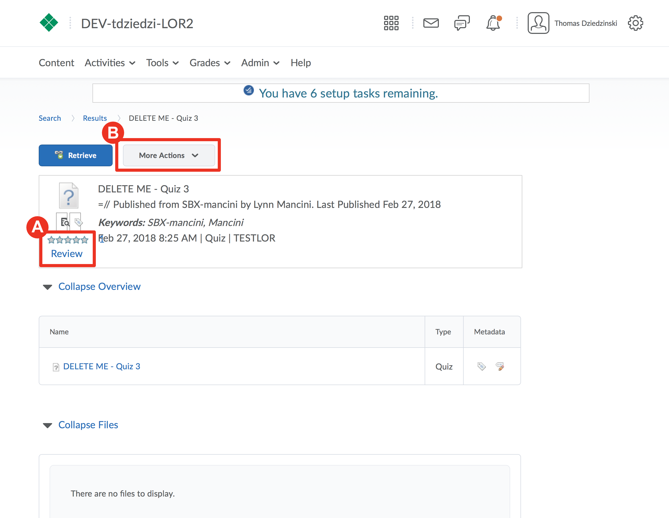Screenshot of the details for a learning object, highlighting access to reviews and a "More Actions" button